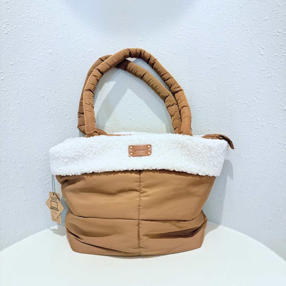 Bearpaw Double Strap Faux Shearling Trim Puffer Tan Tote Bag OS NWT